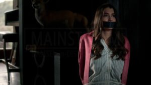 Allison Paige kidnapped chair tied and tape gagged in Adopted in Danger - 06